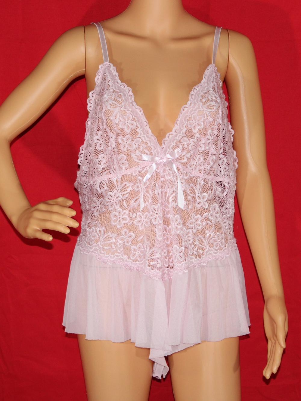 Sheer Lace and Mesh Babydoll Chemise - Light Pink - Picture 6 of 6